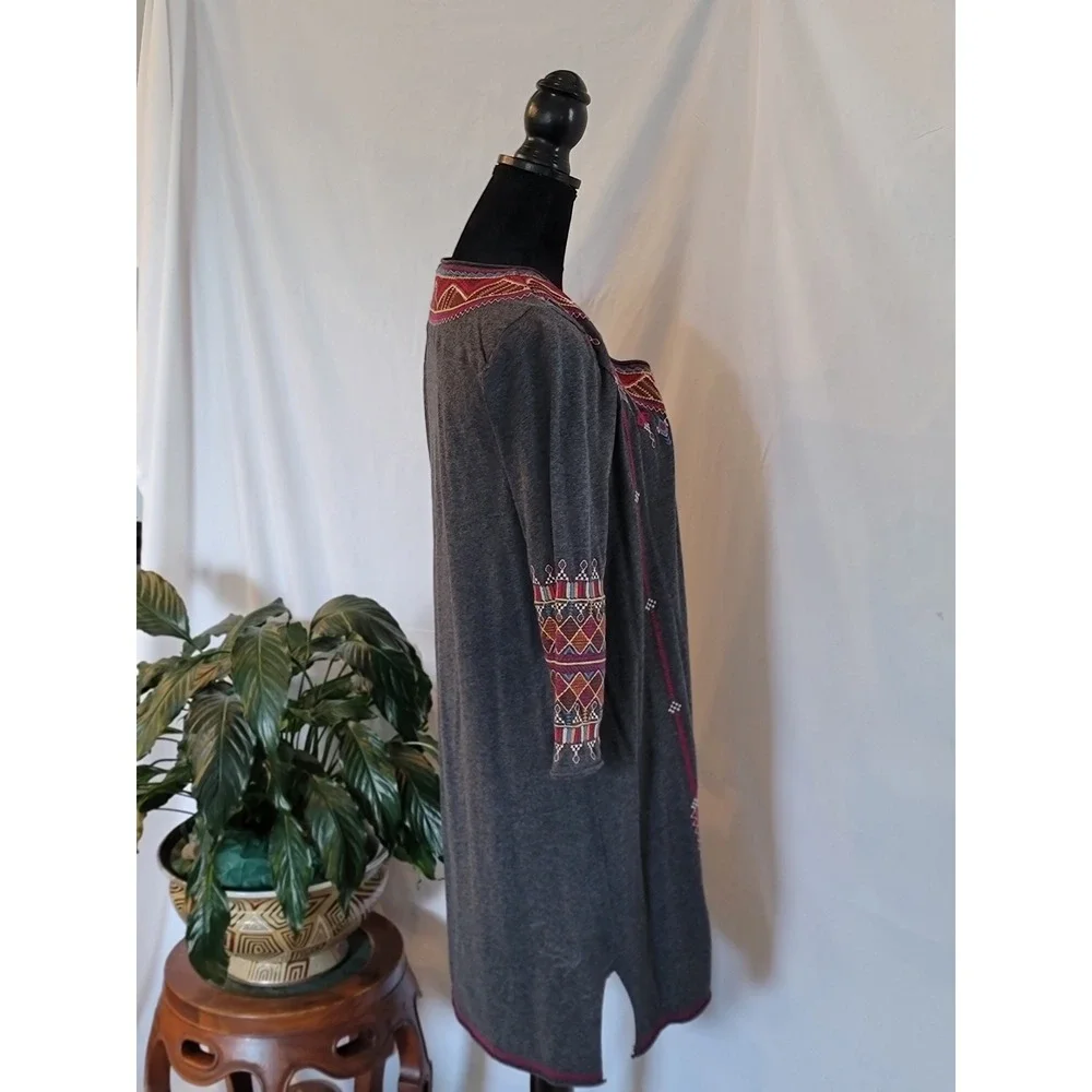 Johnny Was Gray Embroidered Boho V-Neck‎ Tunic Dress 3/4 Sleeve Small